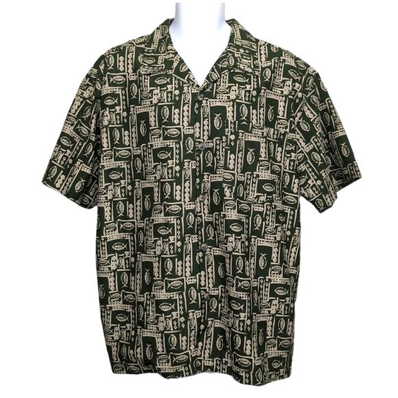 VTG SIDEOUT Button Up Shirt Mens Size XL Green Fish Geometric Print Short Sleeve - Picture 2 of 11
